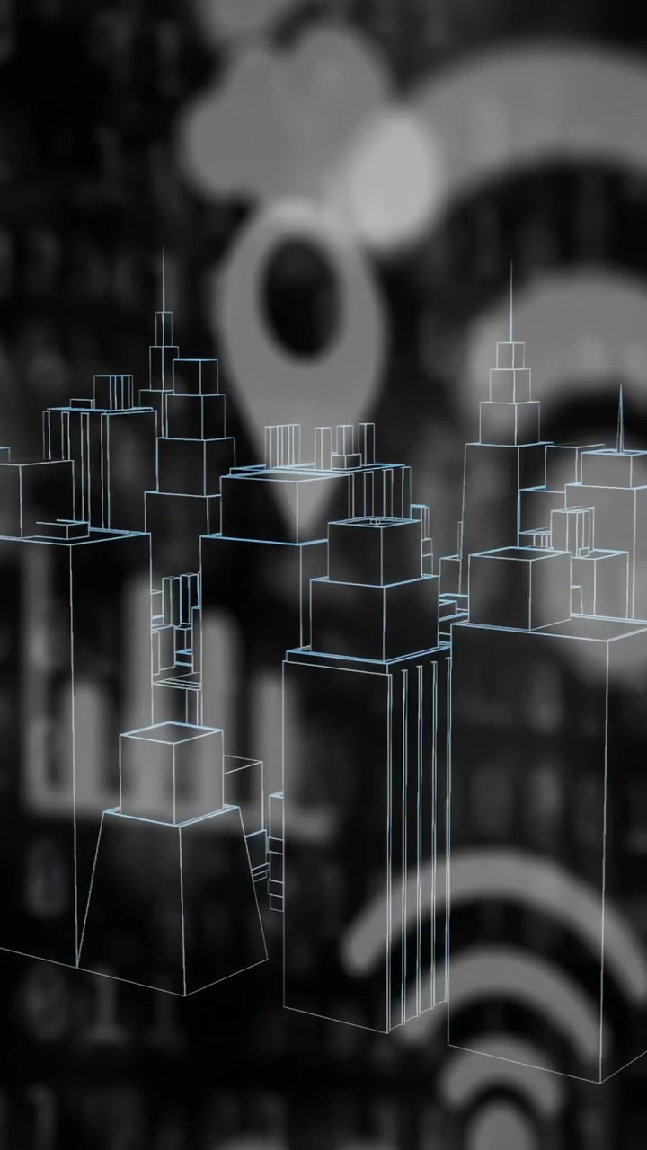 Vertical video: Wireframe city shifting while view drifting, revealing cloud pin WiFi motifs, tech