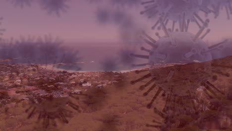 macro virus de la corona que se propaga con el paisaje urbano en el fondo