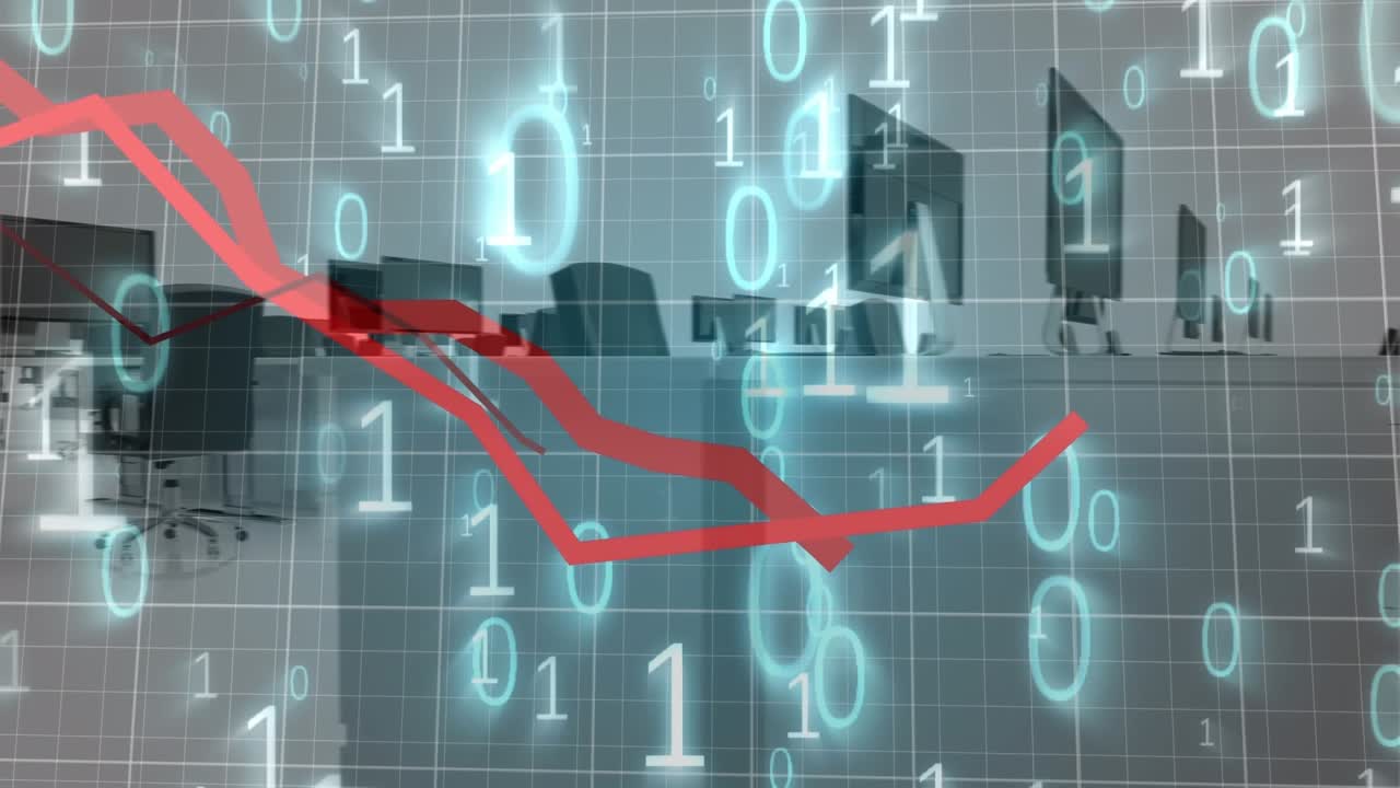 Animation of statistical data processing and binary coding against 3d office model