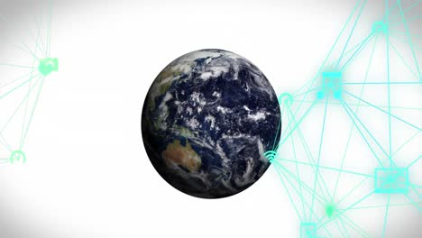 animación de iconos conectados y globo giratorio sobre fondo blanco