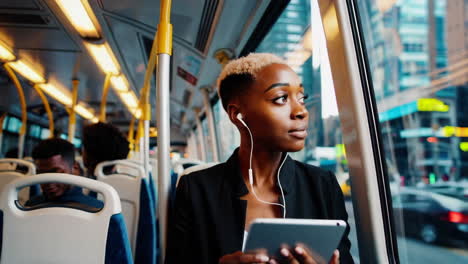 woman commuting on bus with tablet and earphones