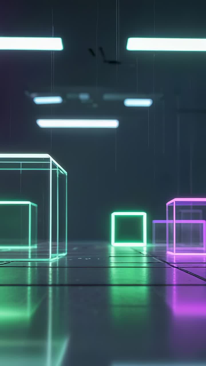 Video verticale: telecamera che inizia a scorrere verso cubi al neon in una camera digitale, mostrando un bagliore pulsante