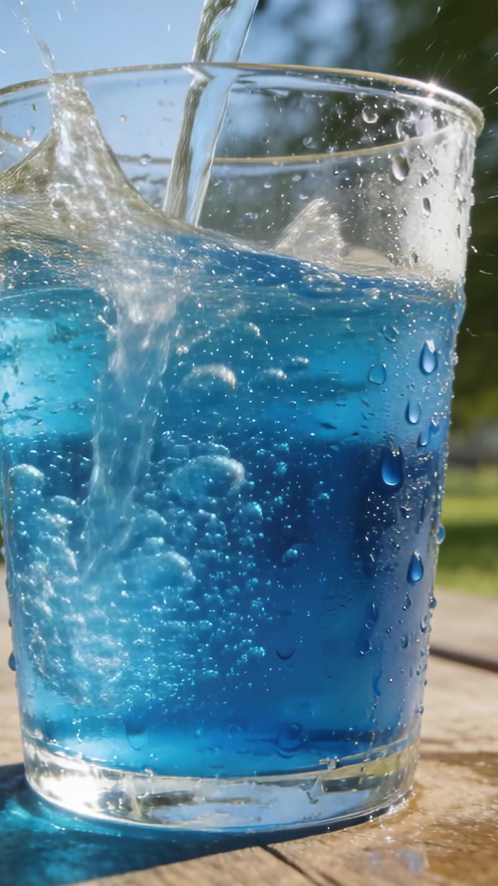 Vertical video: Receiving off-camera hand pouring, glass filling up with blue liquid on wood table