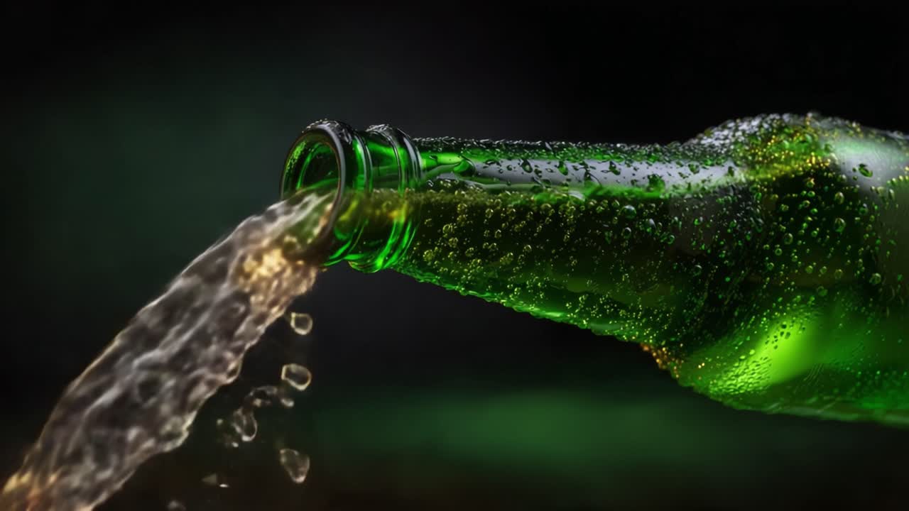 Primo piano di una bottiglia di vetro verde che versa una bevanda frizzante con bollicine e goccioline, creando un aspetto rinfrescante su uno sfondo scuro.
