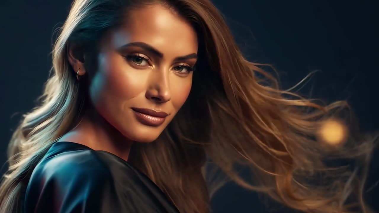 Close-up video shot of a woman with flowing hair, captured at eye level, exuding elegance