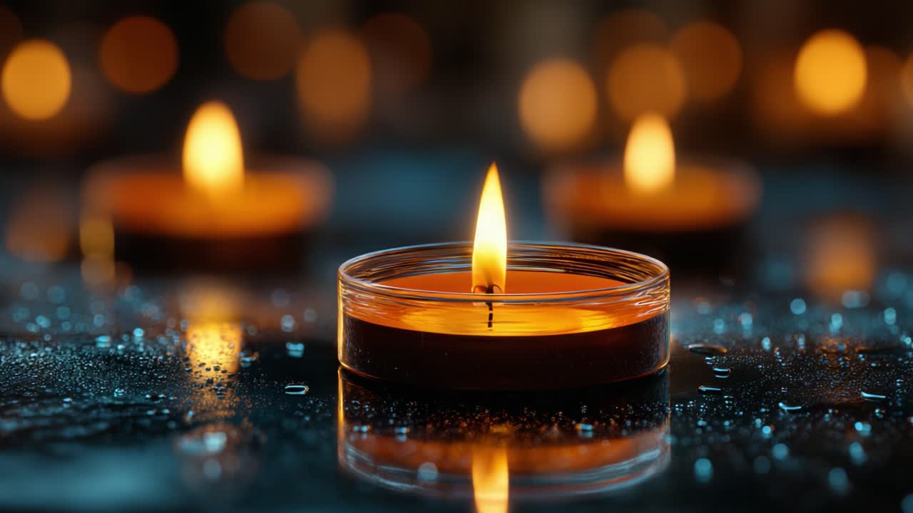 Un'atmosfera serena con candele illuminate che si riflettono sulla superficie dell'acqua, creando un'ambiente caldo perfetto per la meditazione o i momenti di relax