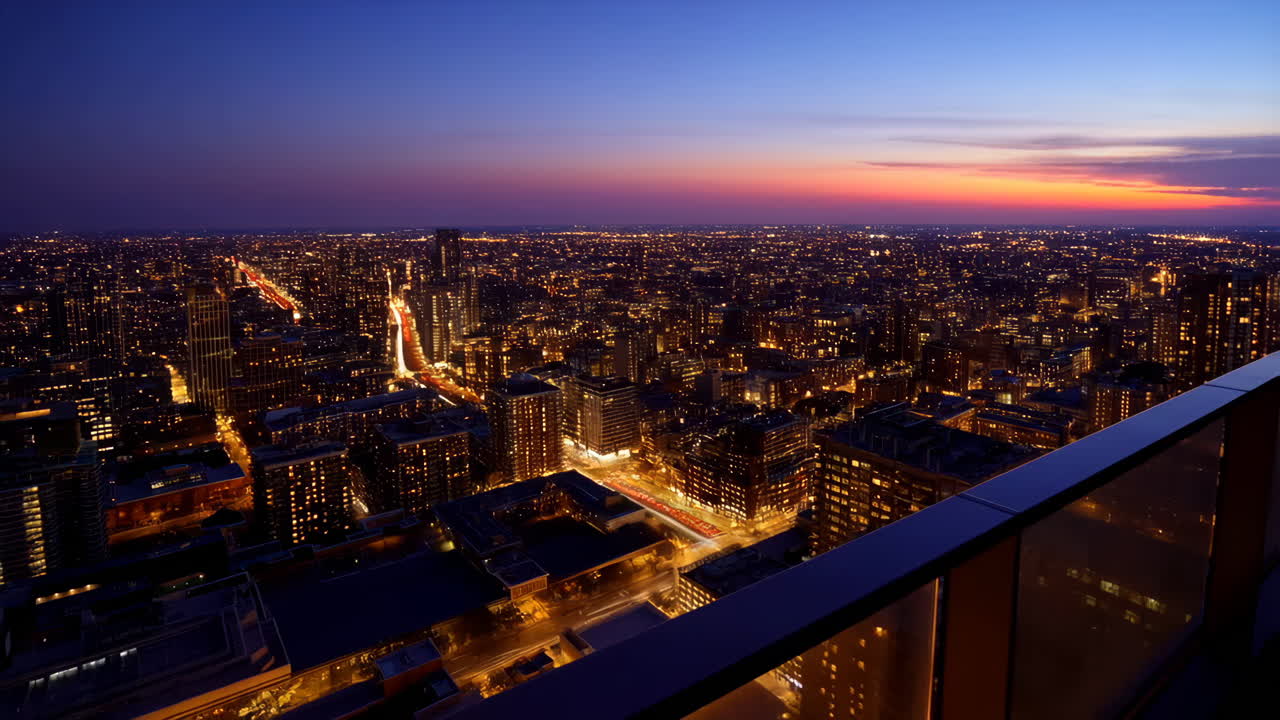 Panoramic Cityscape at Dusk with Illuminating City Lights and Traffic Trails