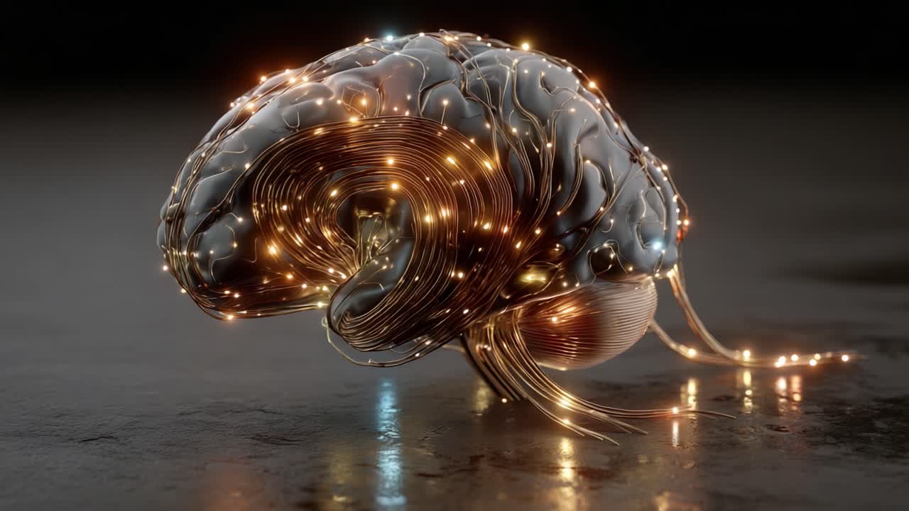 Un'esplorazione artistica di una rappresentazione futuristica del cervello con connessioni neurali luminose e un fascino estetico unico in un ambiente buio