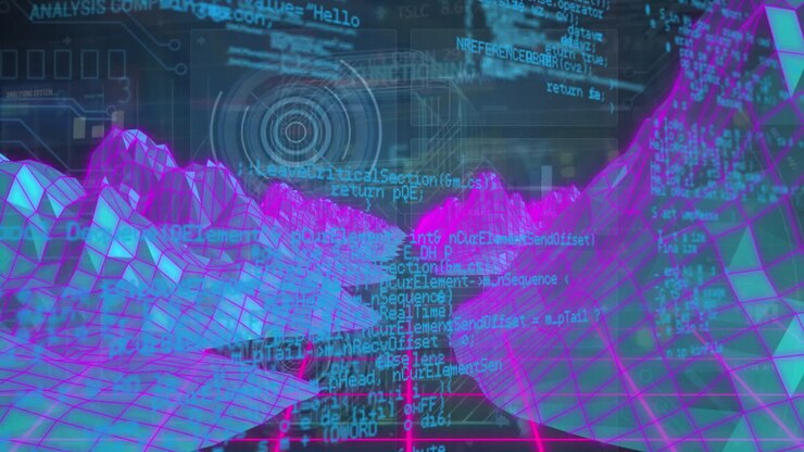 Animation af digital skærm med metaverse-landskab, forbindelser og data