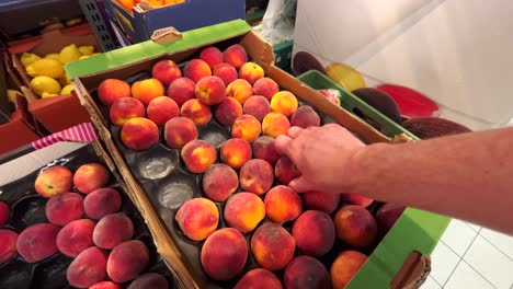 A-shelf-with-fruits-and-vegetables-in-a-grocery-store,-fresh-fruits-are-lying-in-containers