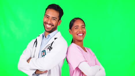 Green-screen,-doctor-and-nurse-together-with-arms