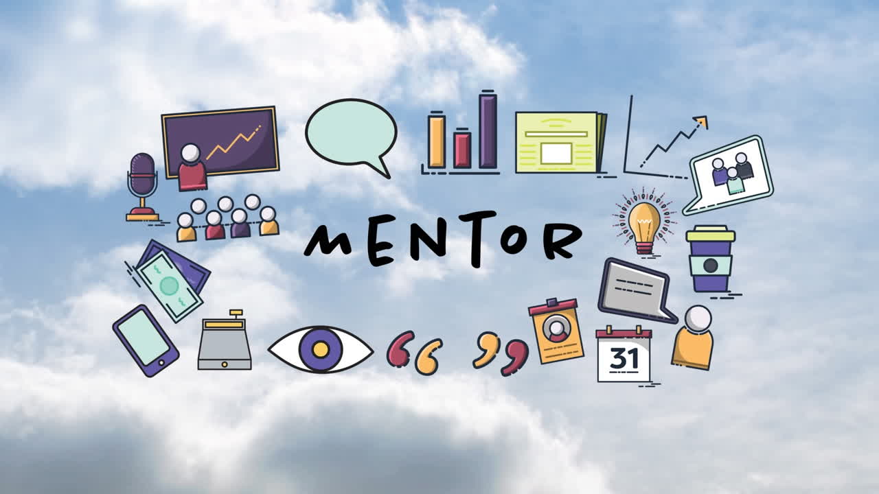 비즈니스 아이콘과 클라우드 위의 멘토 텍스트의 애니메이션