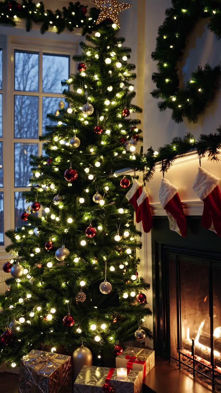 Cozy Christmas scene with a decorated tree by a fireplace