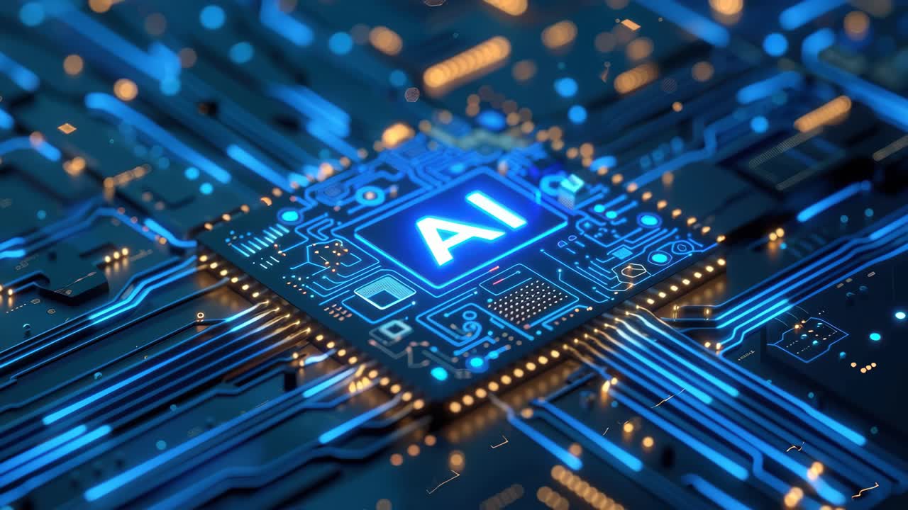 Futuristic video concept of AI technology. Close-up, top-down angle on a glowing microchip