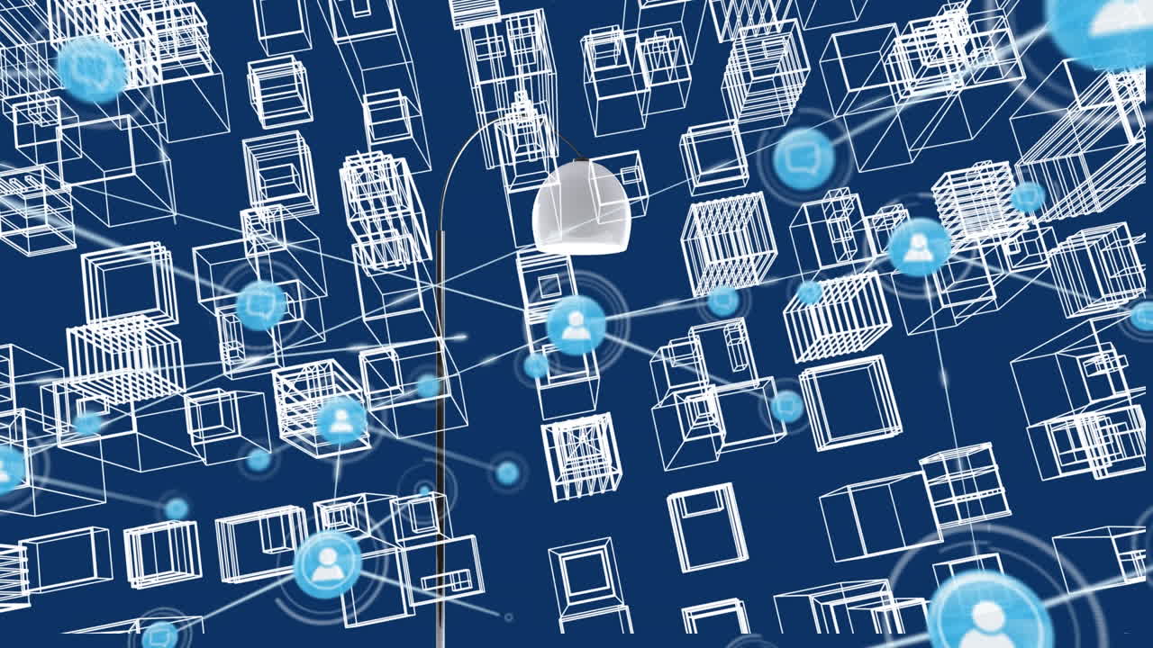 파란색 배경에 대한 건물의 3d 모델의 공중 전망 위에 연결된 아이콘의 애니메이션