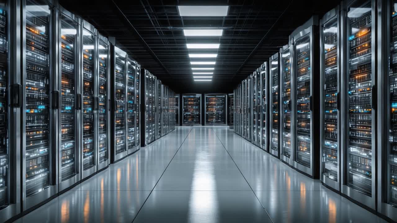 Et svagt oplyst datacenter med rækker af højteknologiske serverracks, der fremviser avanceret netværksinfrastruktur til moderne computerløsninger.