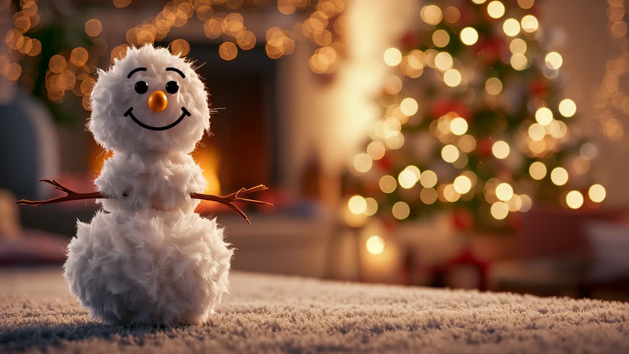 Starting clip revealing snowman gaining facial features by tree lights with twig arms, carrot nose