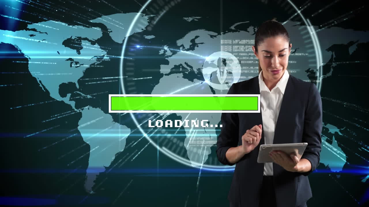 el video comienza con una mujer sosteniendo una tableta sobre un mapa del mundo