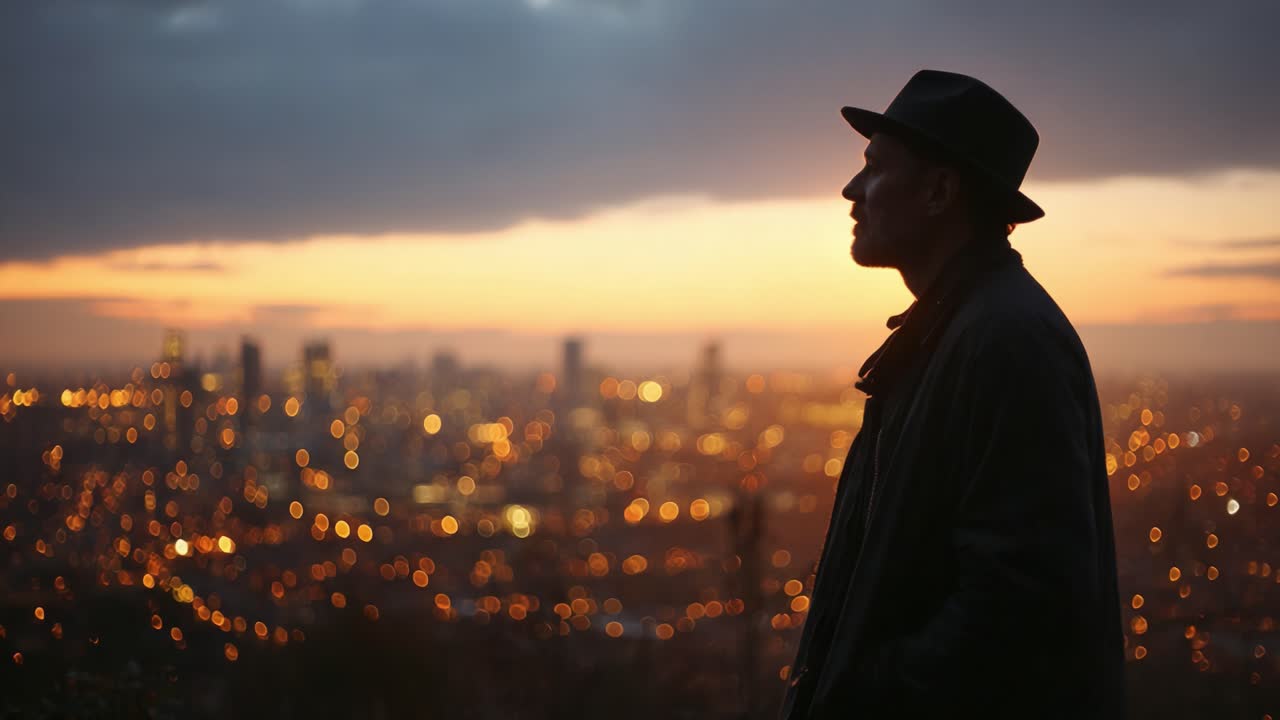 Una figura contemplativa osserva un paesaggio urbano al tramonto, illuminato dal bagliore caldo delle luci della città, catturando un momento di riflessione in mezzo alla bellezza urbana