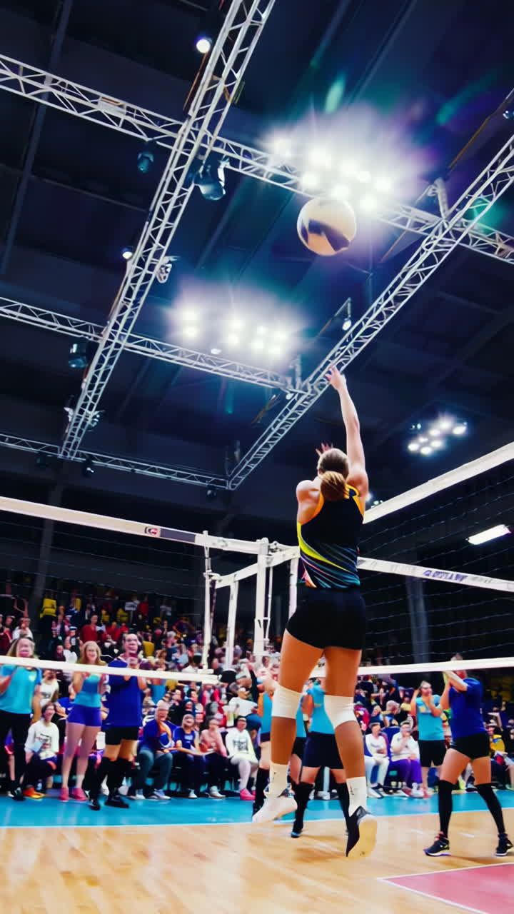 A series of images showing a female volleyball player in action during an indoor game