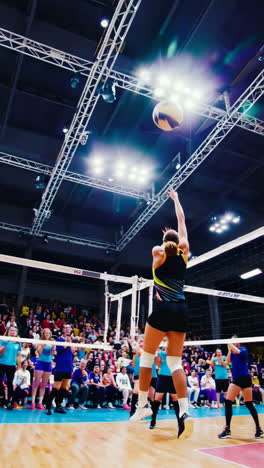 a series of images showing a female volleyball player in action during an indoor game