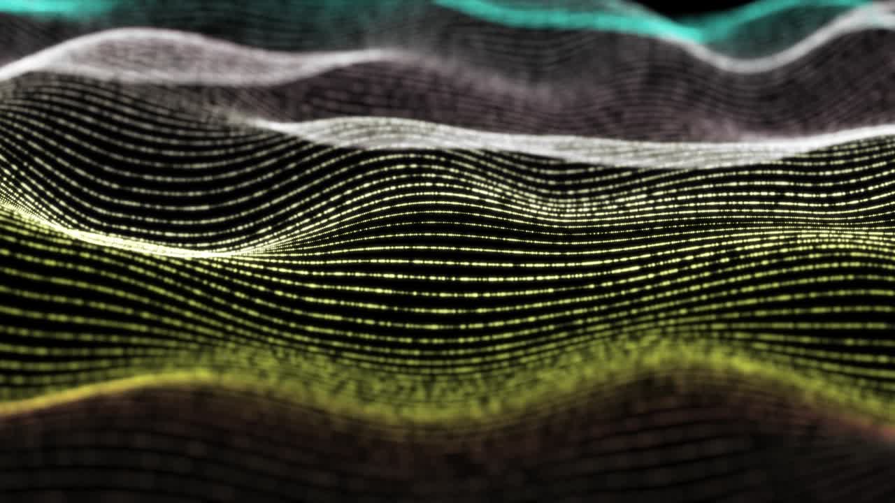 4K, Abstract Futuristic Digital Blue Wave Particles Background.Seamless Loop. Technology digital wave background concept.Beautiful motion waving dots texture with glowing defocused particles. Cyber or technology background. Yellow Color