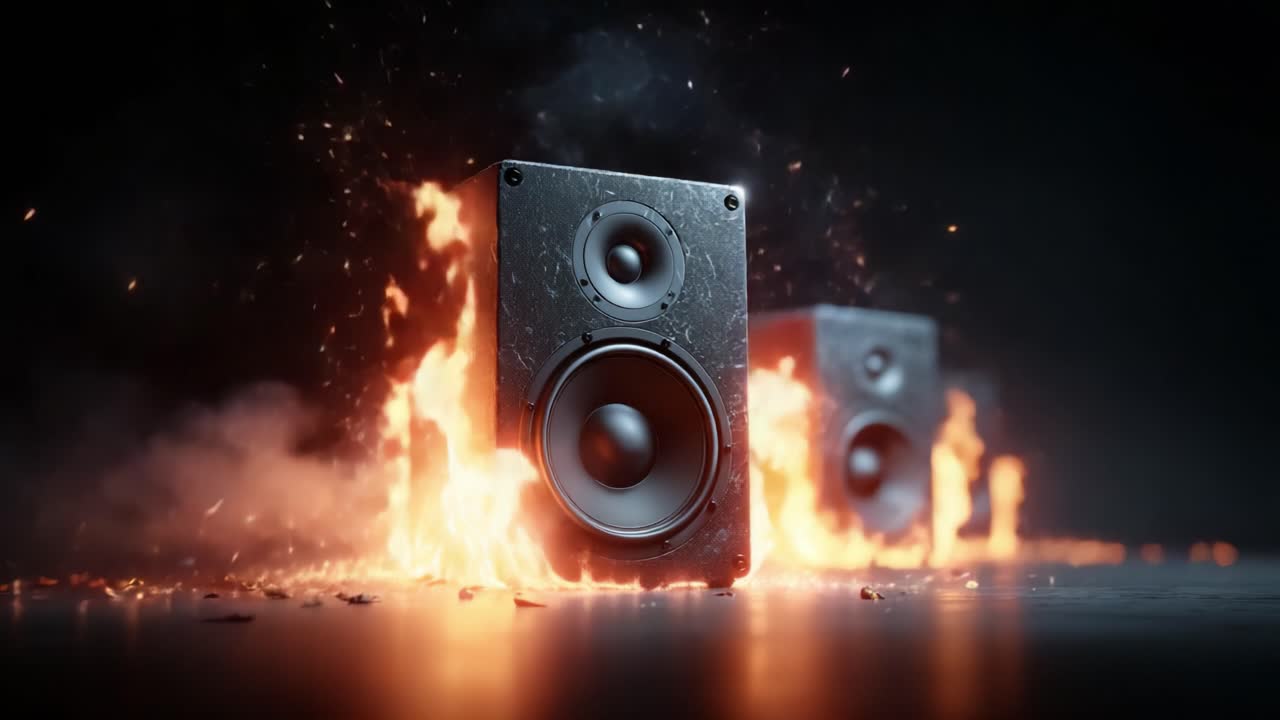 爆発的なサウンドスケープ：炎を噴き出すダイナミックなスピーカーが、音楽、パワー、エネルギーの燃えるような視覚的シンフォニーを創り出し、オーディオテクノロジーの芸術的表現を披露します。