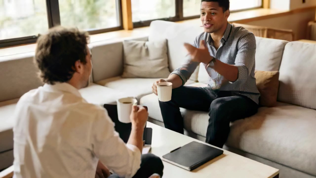 Raising mug, business men sparking chat, gesturing and laughing at sofa, tablet phone on table