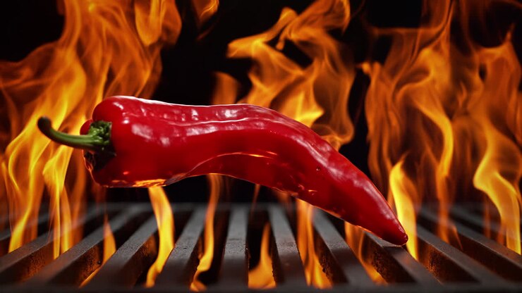 Long Red Pepper Falls Onto Grill on the Black Background, Flames Burst From Beneath The Grill Grate in Slow Motion