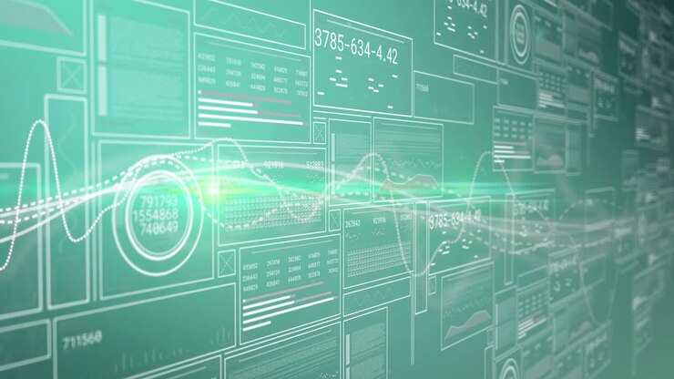 Digital data and graphs with glowing wave animation on green background
