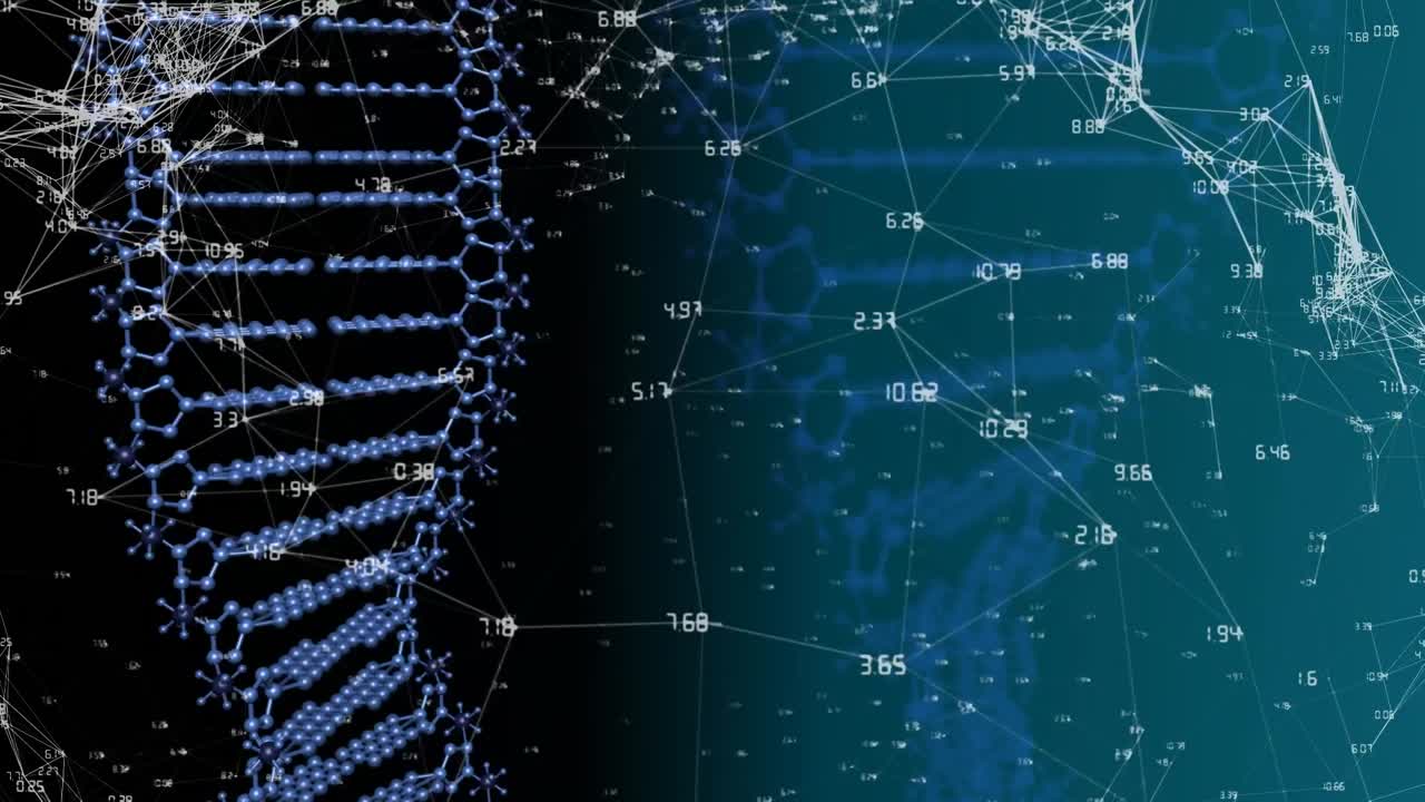 animación del procesamiento de datos y la cadena de adn en fondo negro