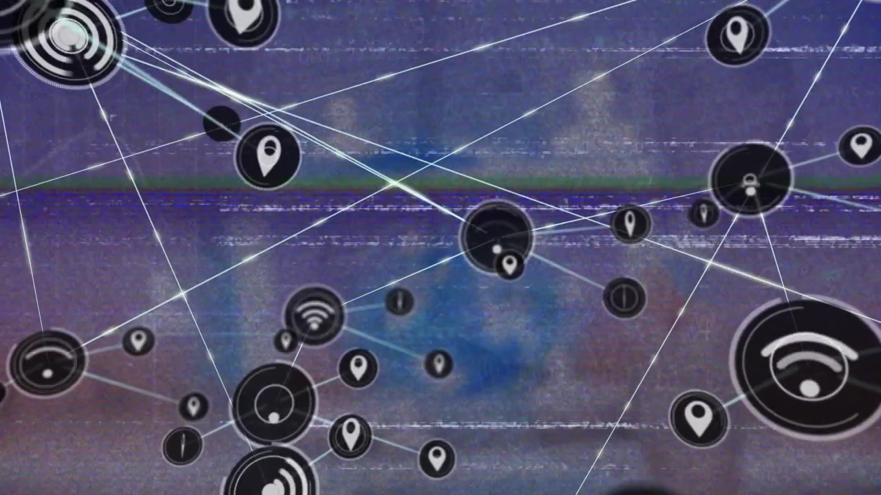 Animation of tv static effect over network of digital icons against asian woman at office
