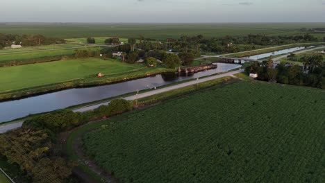 miles of sugar cane fields just south of lake okeechobee and the water management levee and pump station providing life-giving water to the crop and farmers to the south