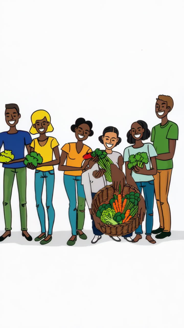 Three women holding a large basket filled with fresh vegetables
