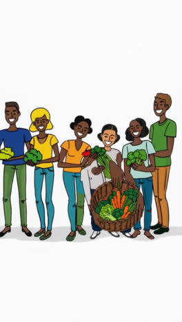 three women holding a large basket filled with fresh vegetables
