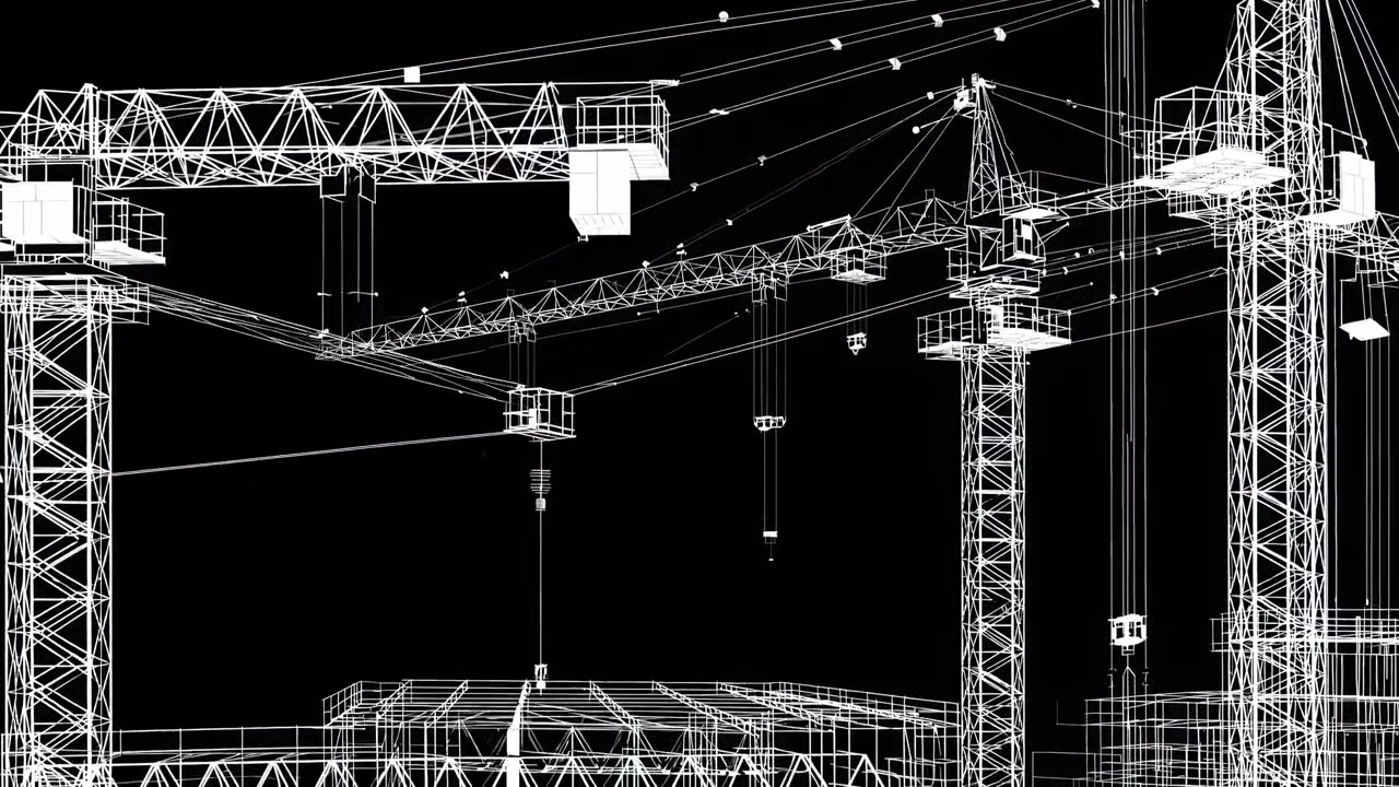 Animasi Wireframe Digital Lokasi Konstruksi dengan Derek Menara
