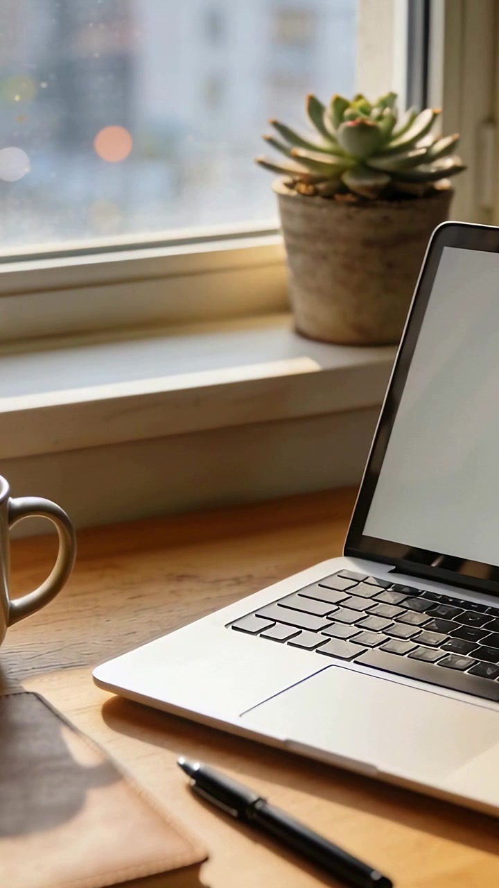 Vertical video: Panning camera by soft daylight revealing silver laptop on desk with succulent