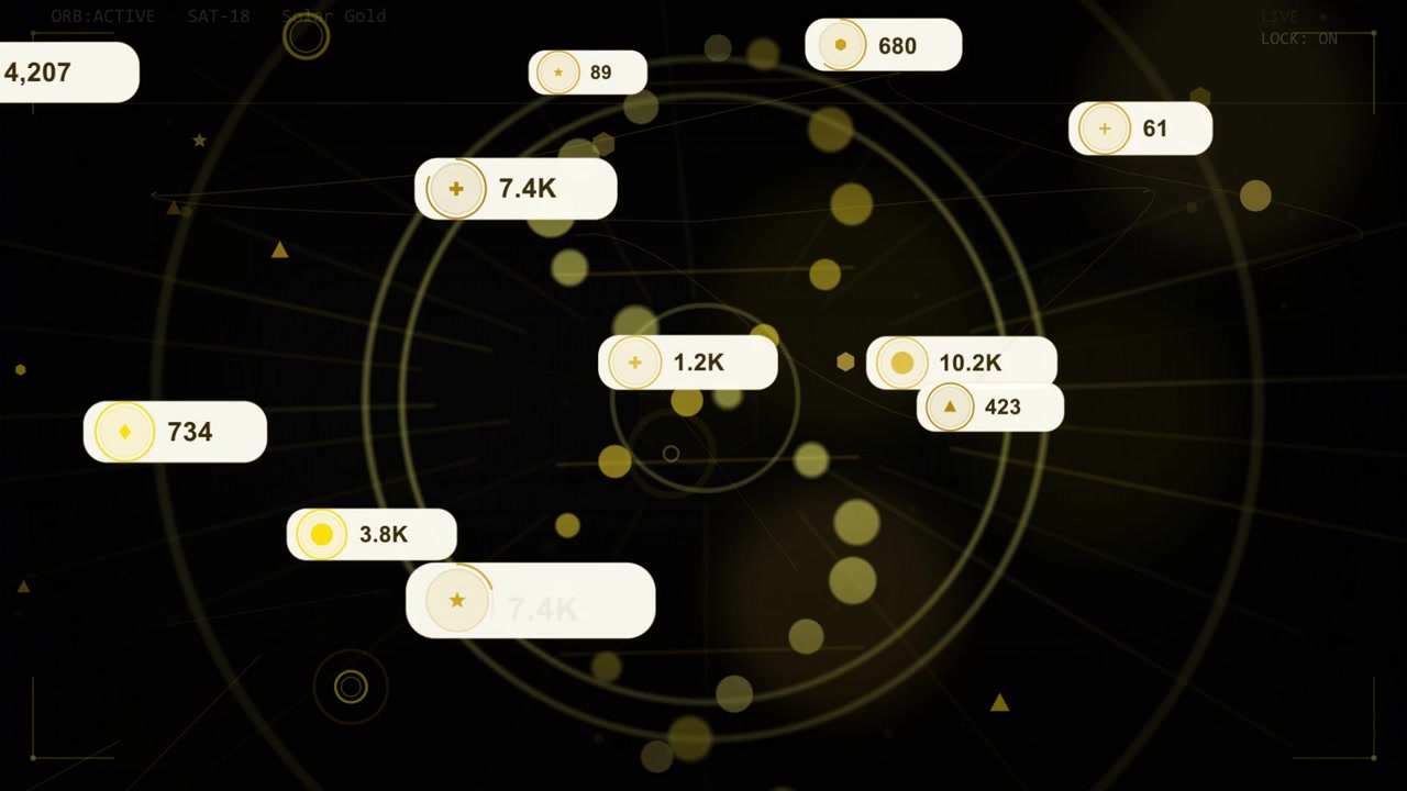 HUD reticle appearing, gold dots drifting, numeric badges spawning and sliding showing data flow