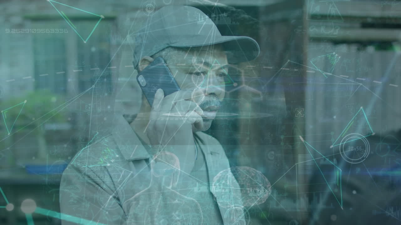 Animation of biological data on digital screen over african american man with smartphone