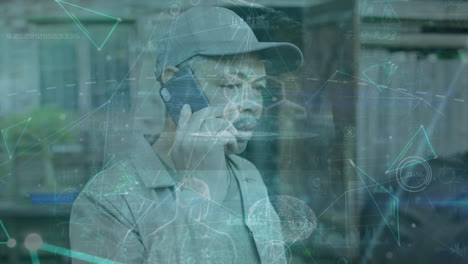 animation of biological data on digital screen over african american man with smartphone