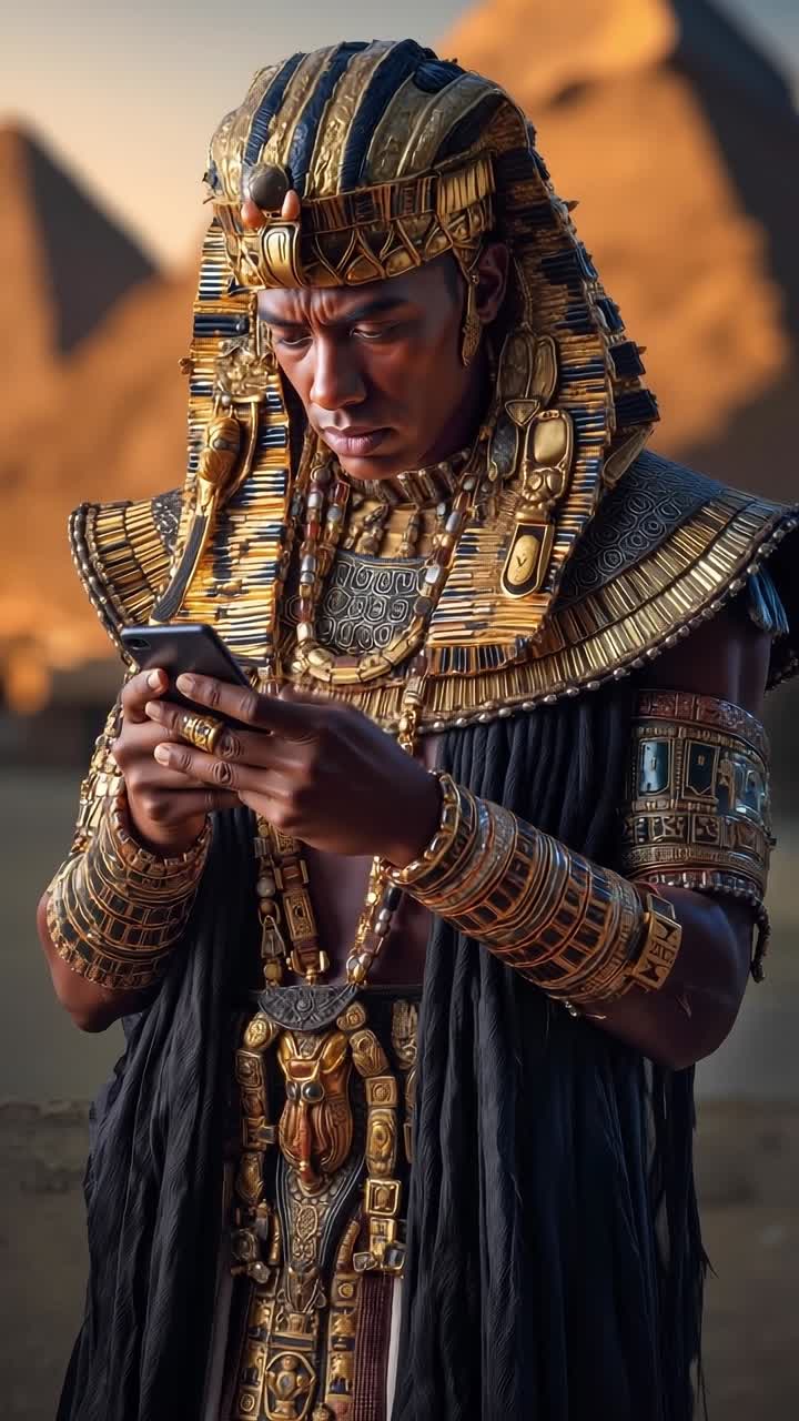 A man dressed as an ancient egyptian pharaoh looking at his phone
