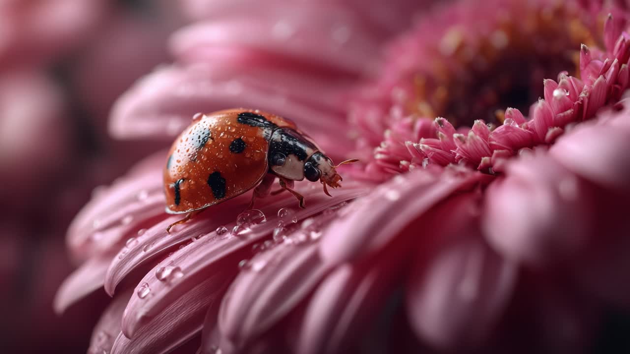A Red Ladybug Delicately Perched on a Vibrant Pink Flower Petal Surrounded by Dewdrops, Capturing the Essence of Nature's Beauty in Macro Photography