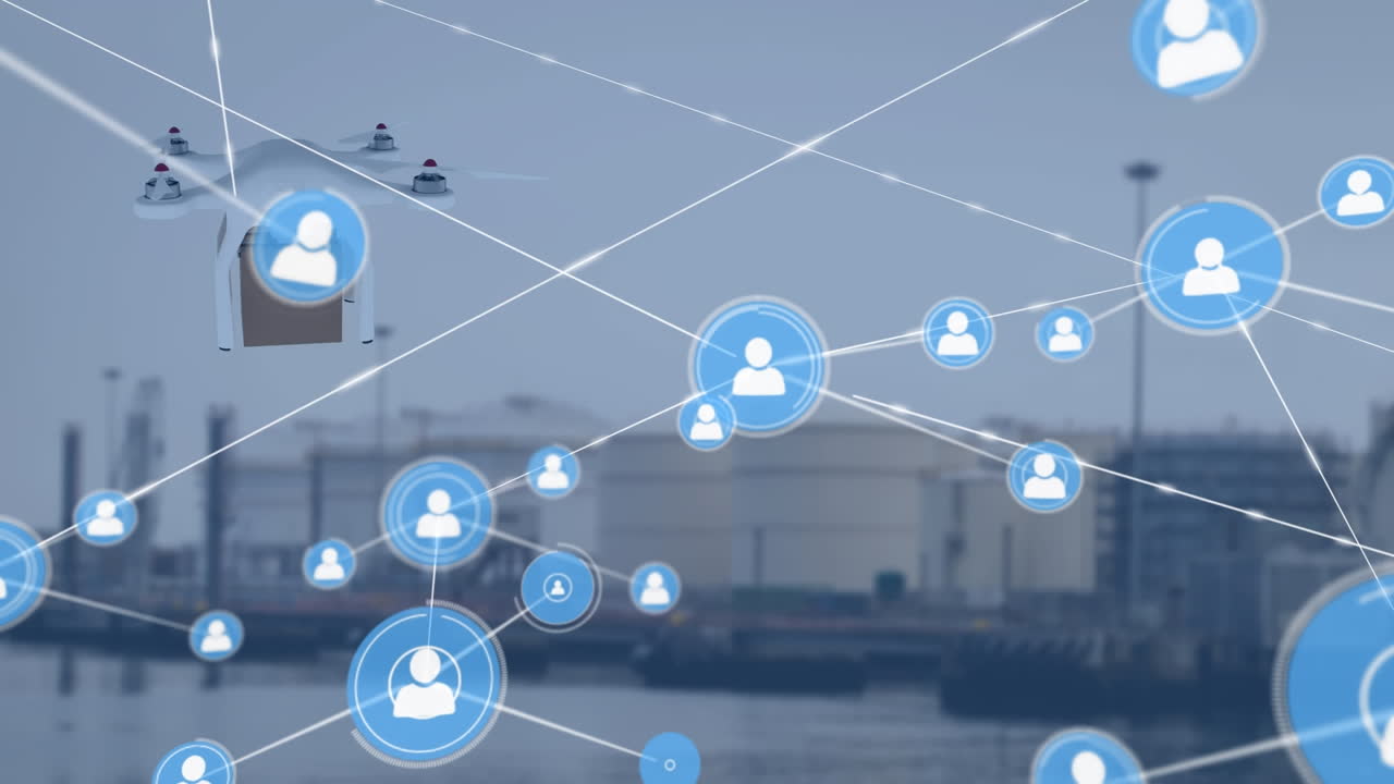 드론을 통한 연결 네트워크의 애니메이션과 항구를 통한 패 ⁇