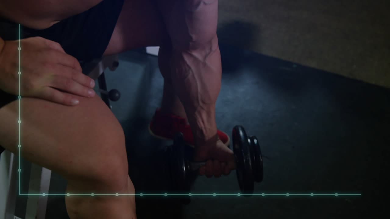 Male trainee adjusting grip, bracing elbow starting curls as HUD overlay mapping biceps contraction