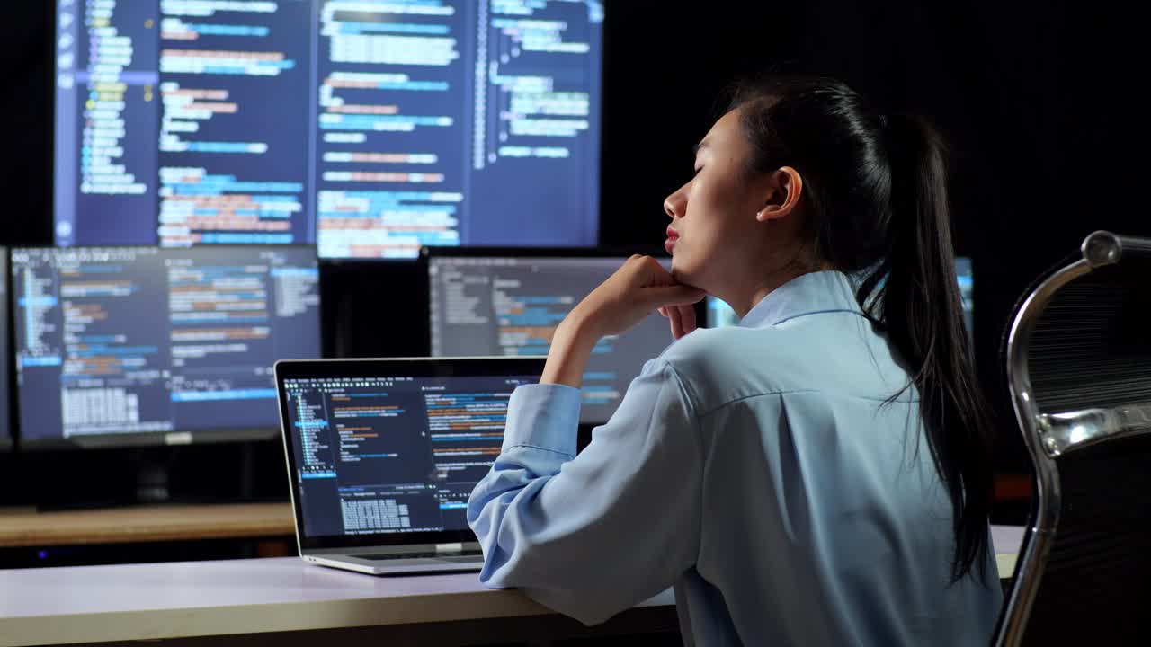 vista posterior de una programadora asiática pensando en algo y levantando el dedo índice mientras escribe código por una computadora portátil usando múltiples monitores que muestran datos en los escritorios de la oficina