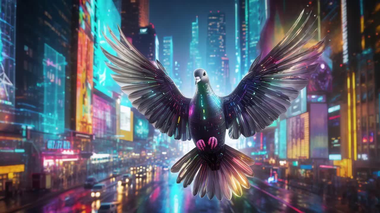 футуристический голубь в неоновом городе