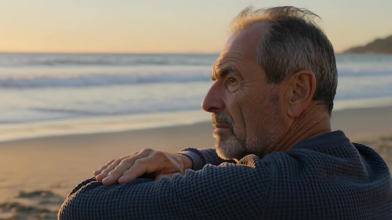 Uomo seduto con maglione di lana che reagisce al tramonto, facendo un gesto con la mano mentre guarda una spiaggia sabbiosa, con spazio per il testo.