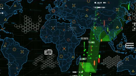 Animación-De-Mapa-Sobre-Gráfico-Con-Números-Sobre-Fondo-Negro