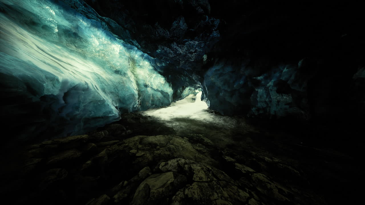 Exploring a mesmerizing ice cave with shimmering blue hues at twilight