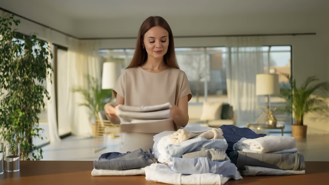 Woman neatly folding a stack of clean laundry at home